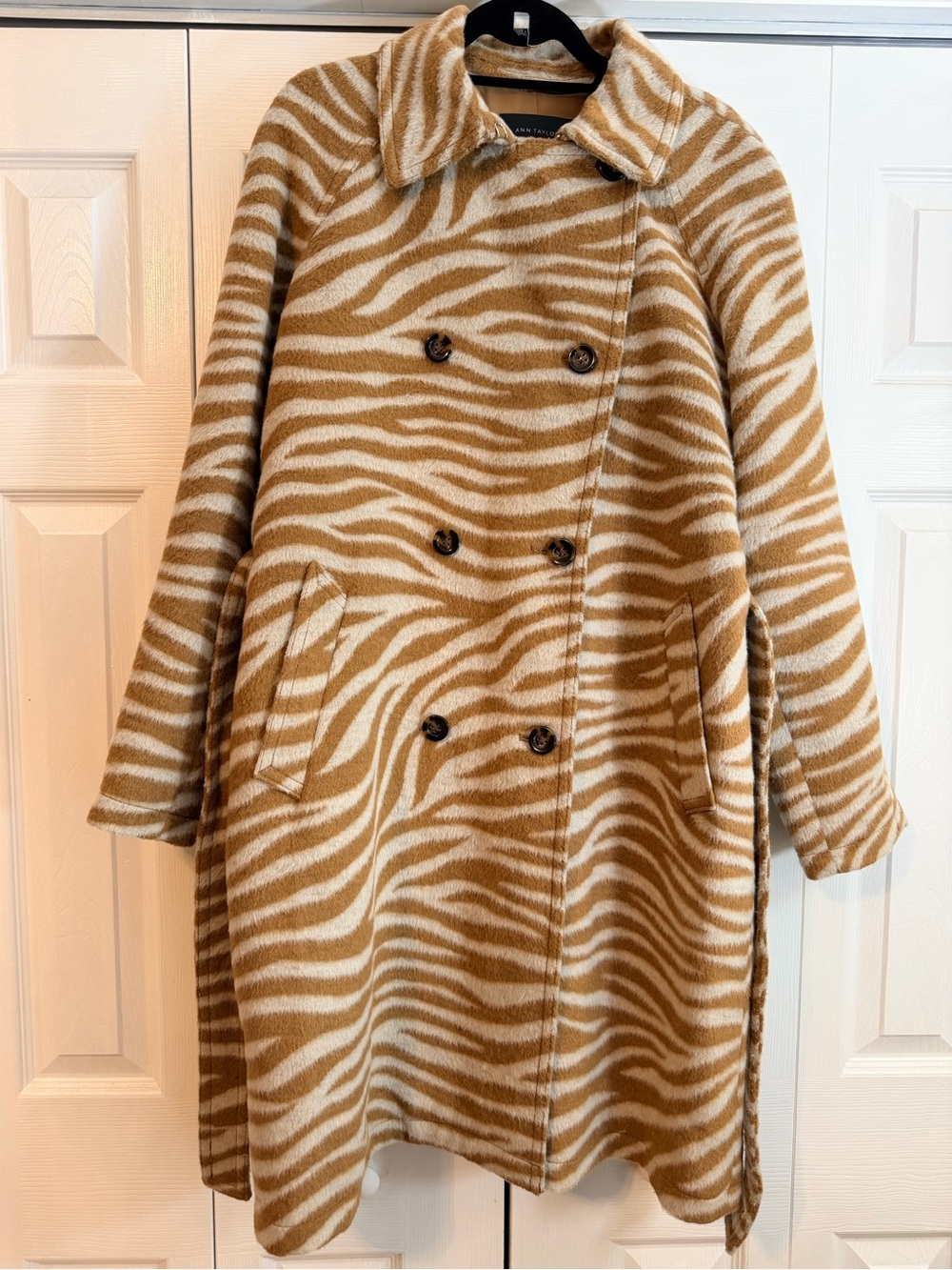 Ann Taylor Zebra Print Belted Wool-Look Coat Tan Ivory Double-Breasted - Sz M